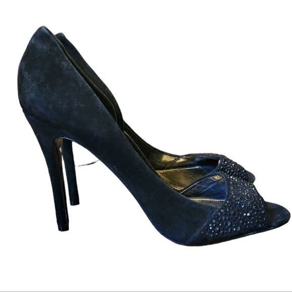 Coach Women’s Black Suede Heels Stilettos Peep Toe Black Rhinestones Sparkle 10 - Picture 2 of 12